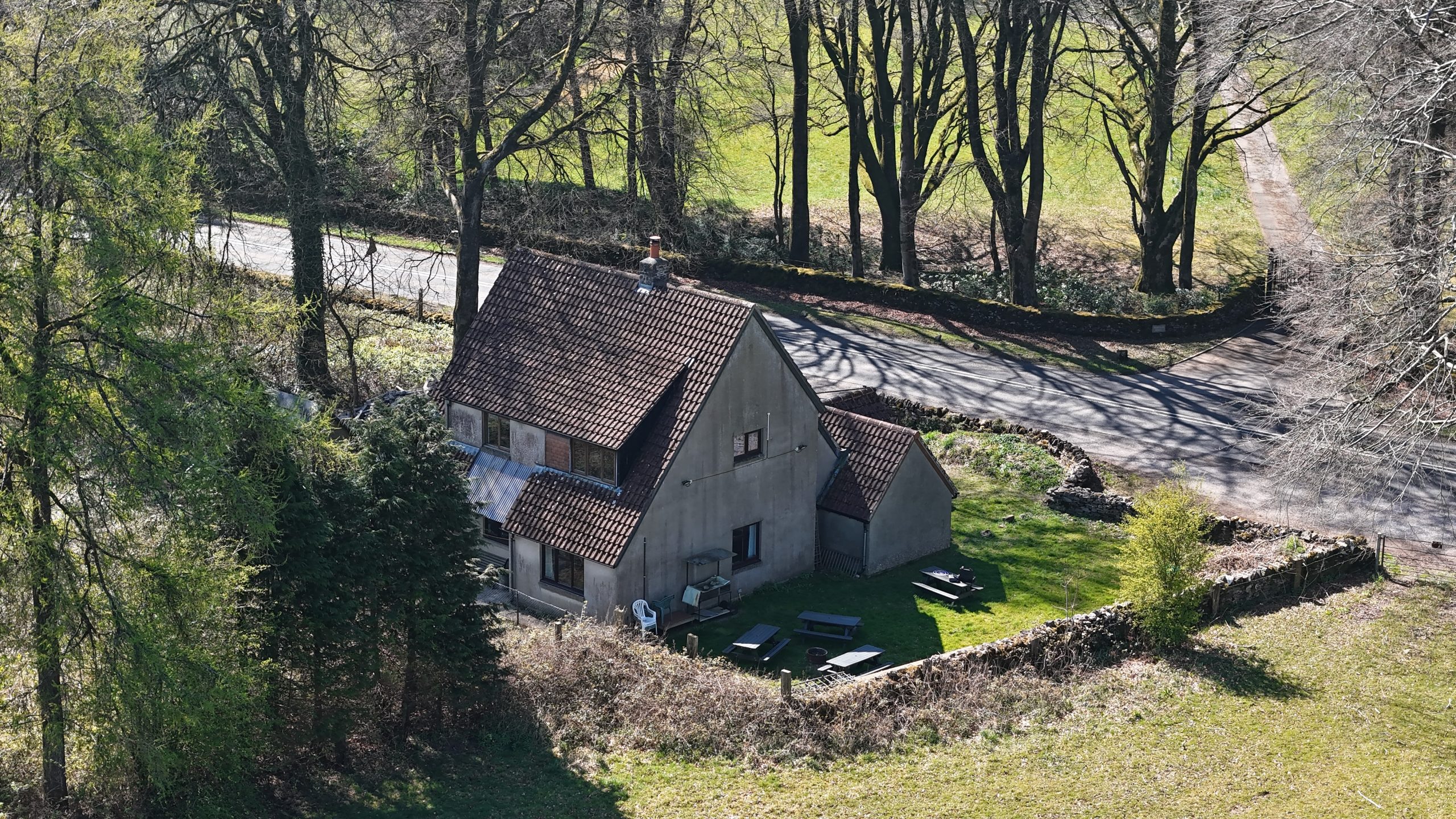 An aerial view of the Mendip Caving Group cottage, Nordrach.
