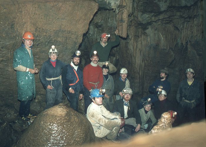 Cavers with 1980s style gear celebrating 30 years of the MCG in Swildon's Hole