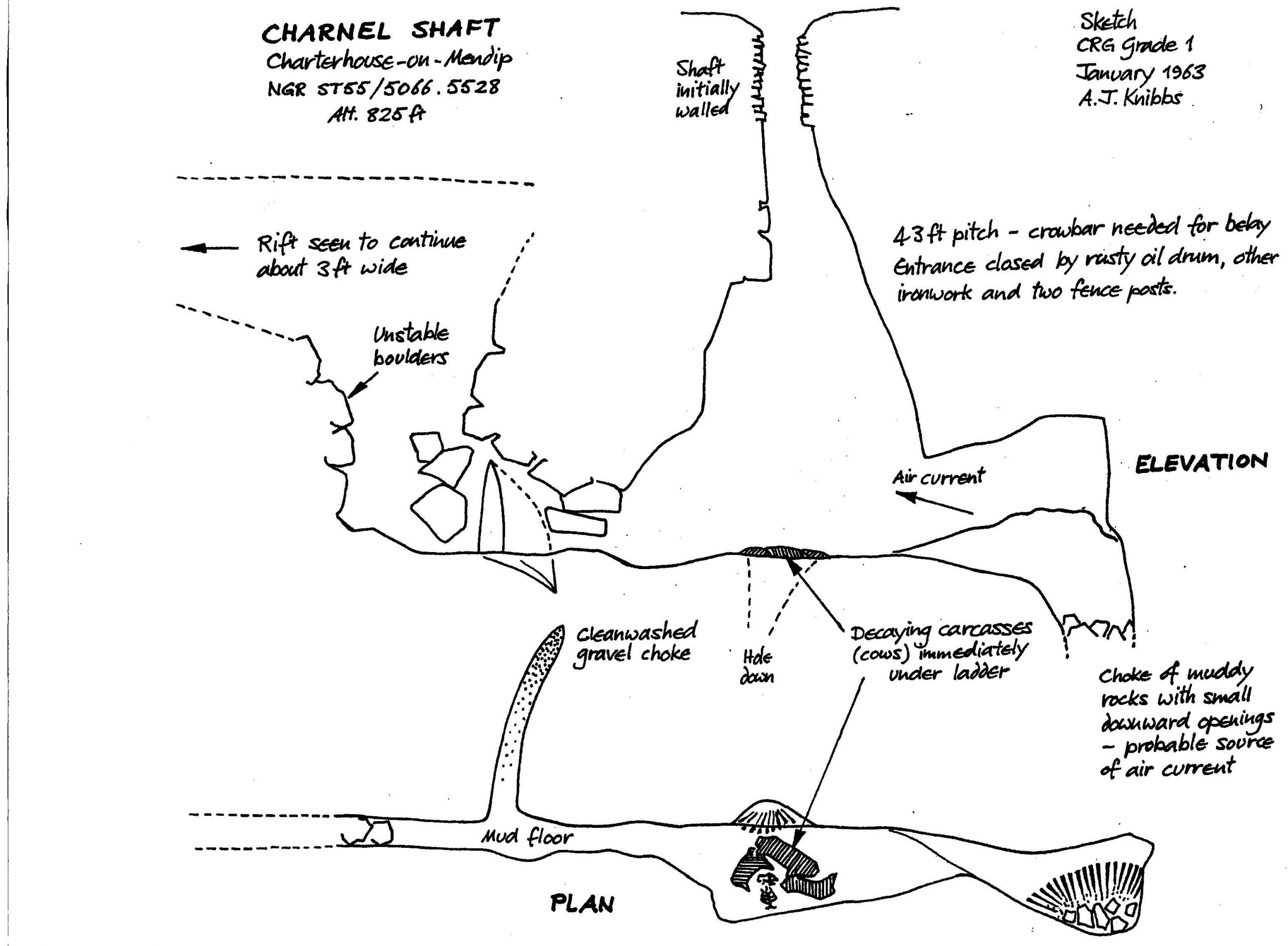 Tony Knibb's sketch after the original descent of Charnel Shaft in 1963.